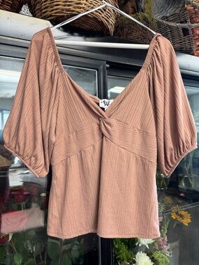 Who What Wear Ribbed Twist-Front Puff Sleeve Top Color Taupe Acorn Size L